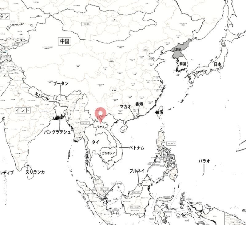 東南アジアの地図。ラオスに矢印が