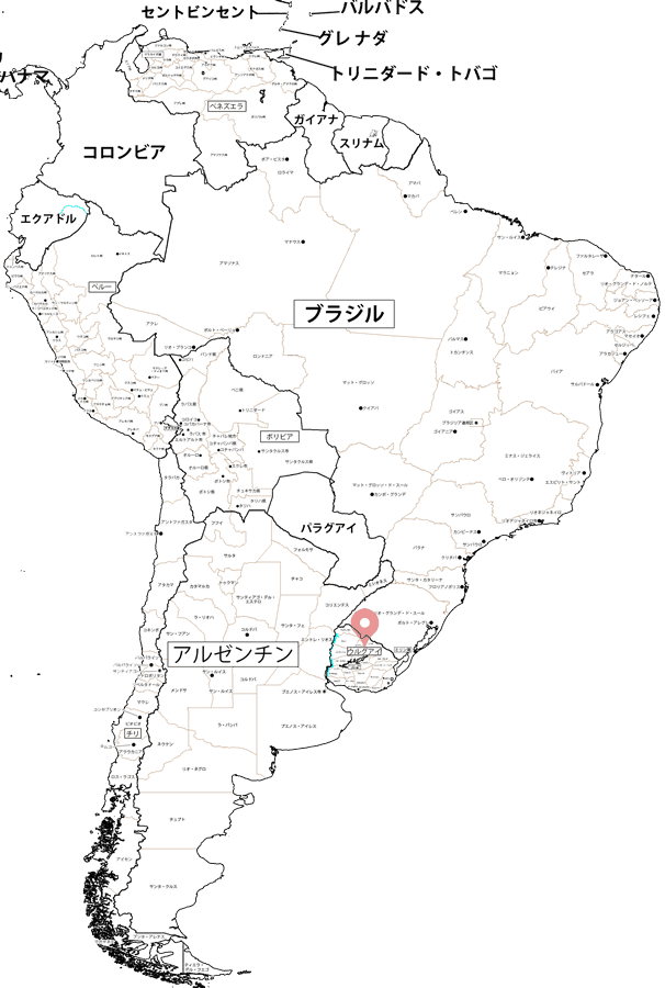 南米地図。赤いマーカーがウルグアイの場所です