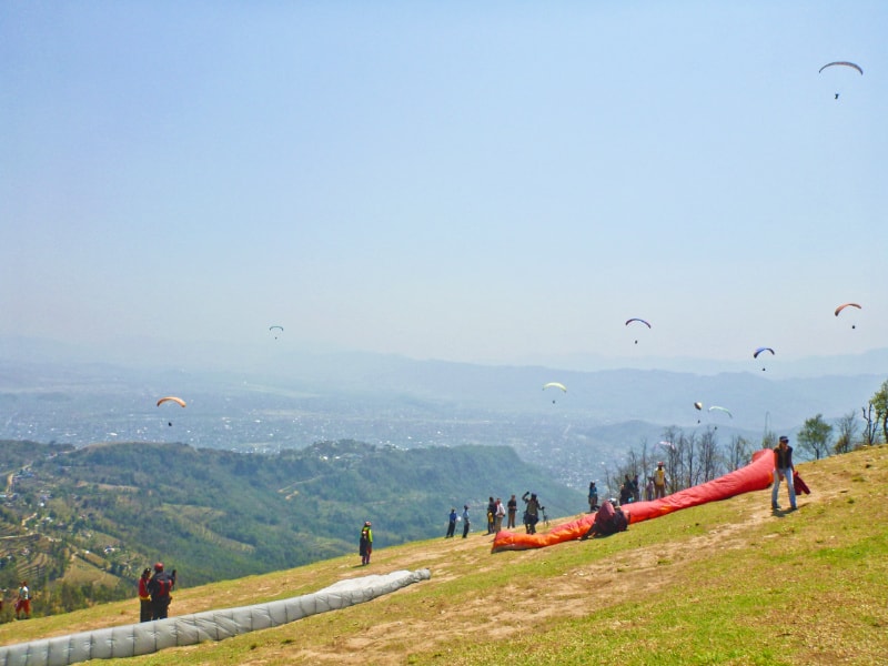 山の斜面でパラグライディングの準備をする人たちと、空を飛んでパラグライディングしている人たちの写真