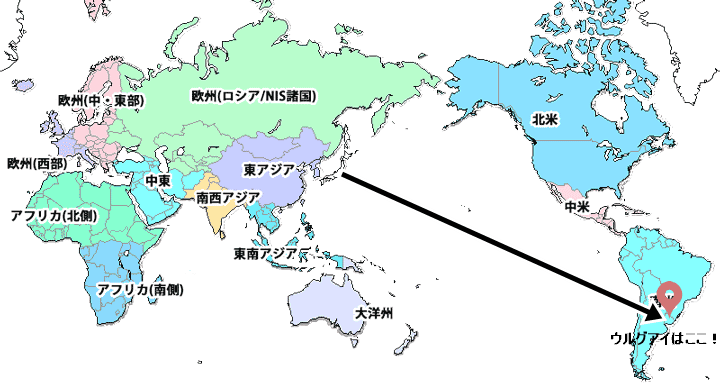 世界地図。日本からウルグアイへの矢印