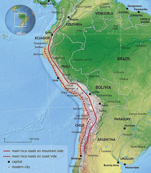 南米コロンビアからアルゼンチンまでの道にマークが入った地図