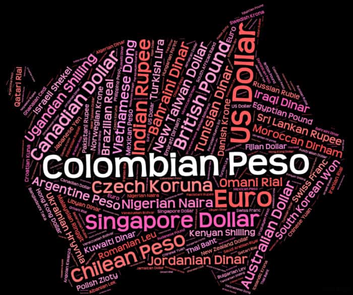 Colombian Pesoの文字のバックに沢山の通貨の文字列