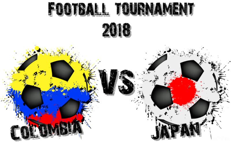 コロンビア国旗の模様のサッカーボールと日本国旗の模様のサッカーボールのイラスト。football tournament2018 colombia vs japanの文字