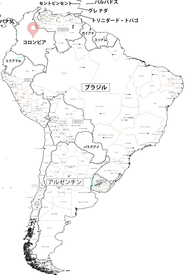 南米の地図。コロンビアの場所に赤いマーカー