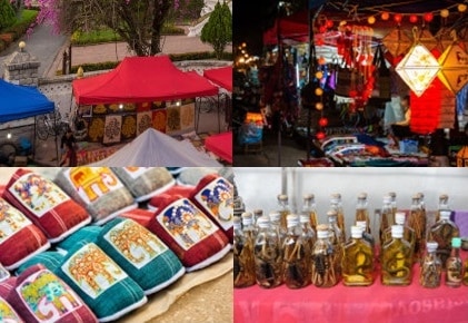 ルアンパバーンのナイトマーケットの写真。手作りのスリッパや蛇酒、サソリ酒、お土産など