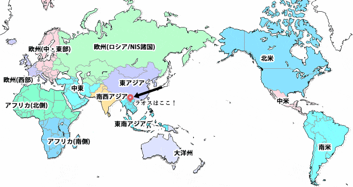 世界地図。日本からラオスに矢印