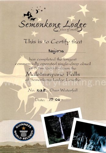 Semonkong Lodgeという文字とともに、ギネス記録の長さの滝でアブセイリングを行った証明書